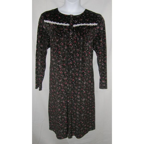Black Floral Plus Sz 3X (22W/24W) Soft Velour Lounge Night Gown Side Pockets - Picture 1 of 4